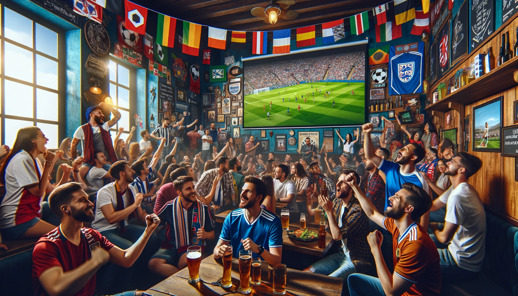 A vibrant and diverse scene of soccer fans gathered in a cozy pub, watching a live match on a large screen mounted on the wall. The crowd is a lively